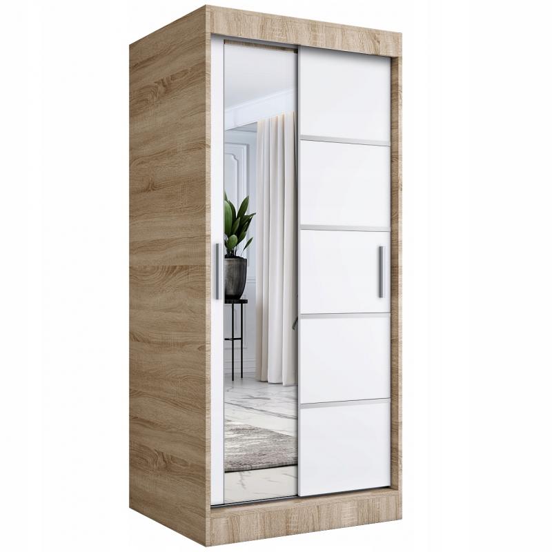 Szafa przesuwna 90 cm sonoma + biała + lustro MKP