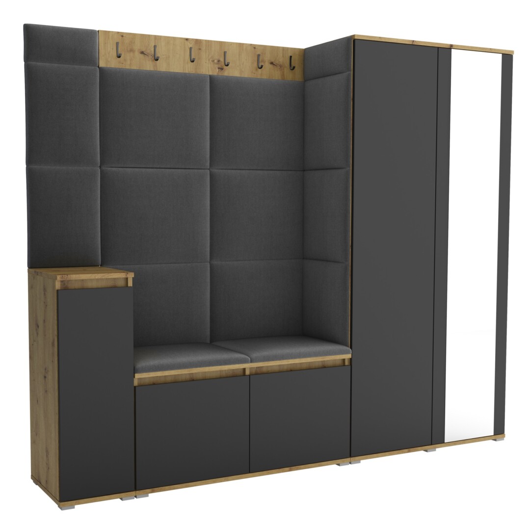 Garderoba do przedpokoju 220 cm lustro dąb artisan + czarny Luton VIII