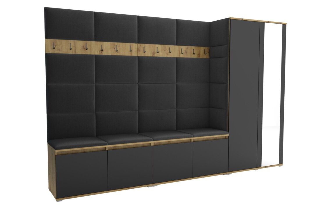 Garderoba do przedpokoju 290 cm lustro dąb artisan + czarny Luton V