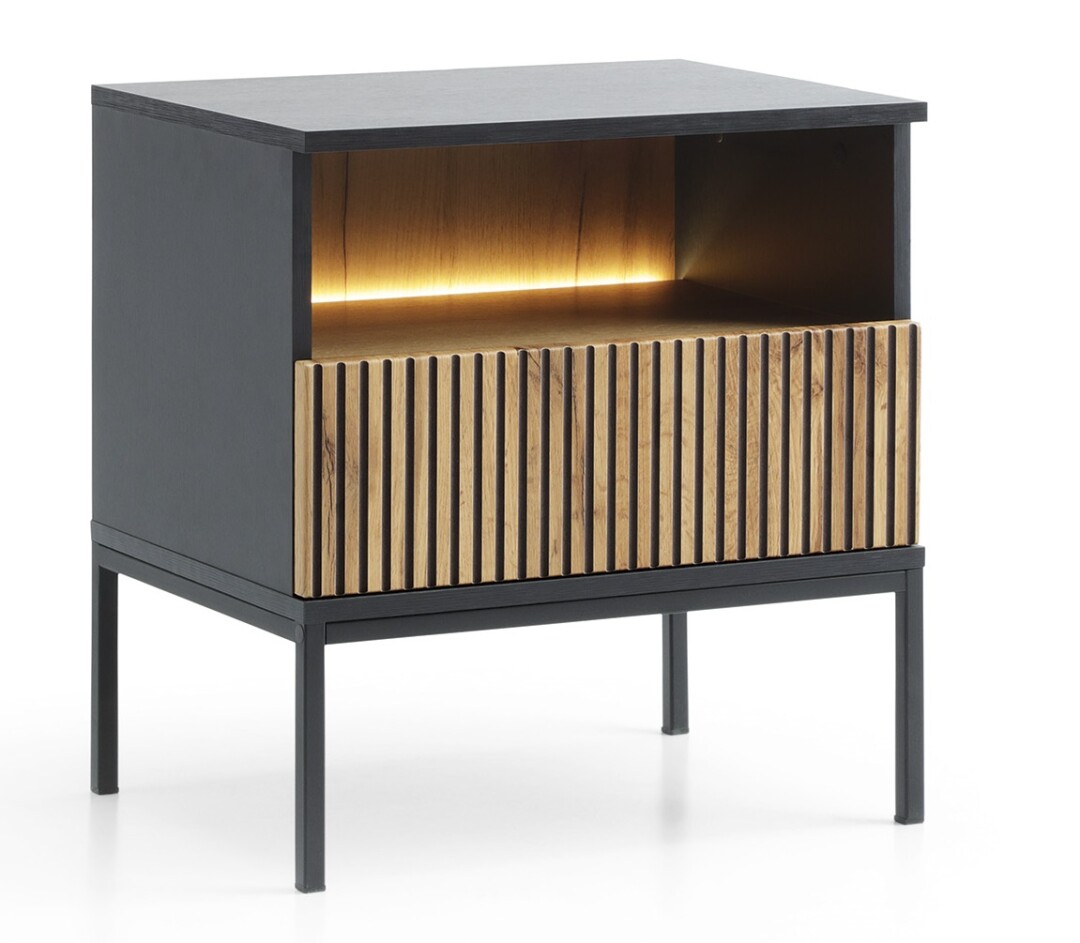 Stolik nocny LED 54 cm czarny / dąb wotan loft Sento
