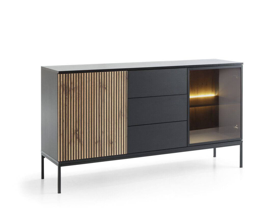 Komoda 154 cm loft czarna dąb wotan LED Sento