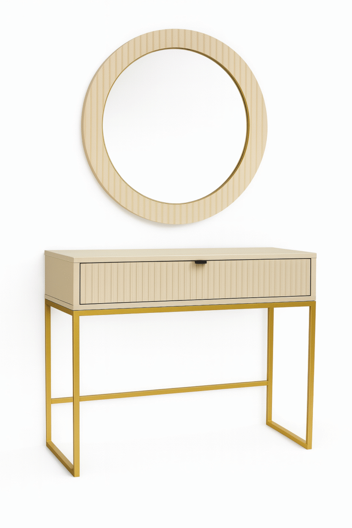 Zestaw Toaletka ryflowana 92cm kaszmir złote nogi czarny uchwyt + lustro kaszmir