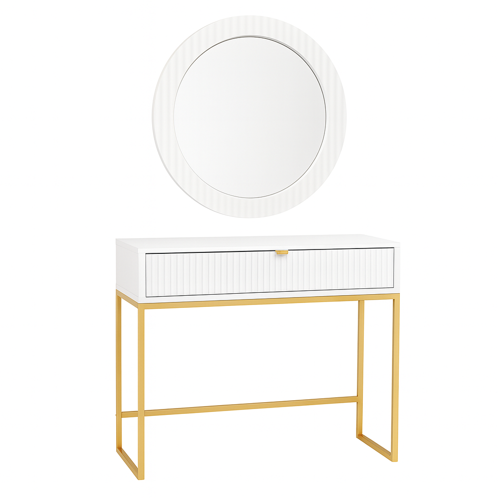 Zestaw Toaletka ryflowana 92cm biała złote nogi + lustro białe