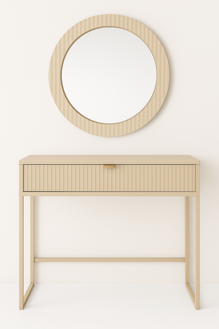 Zestaw Toaletka ryflowana 92cm kaszmir złoty uchwyt + lustro kaszmir