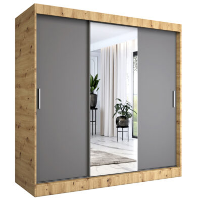Szafa trzydrzwiowa przesuwna 200 cm dąb artisan + antracyt + lustro MKP