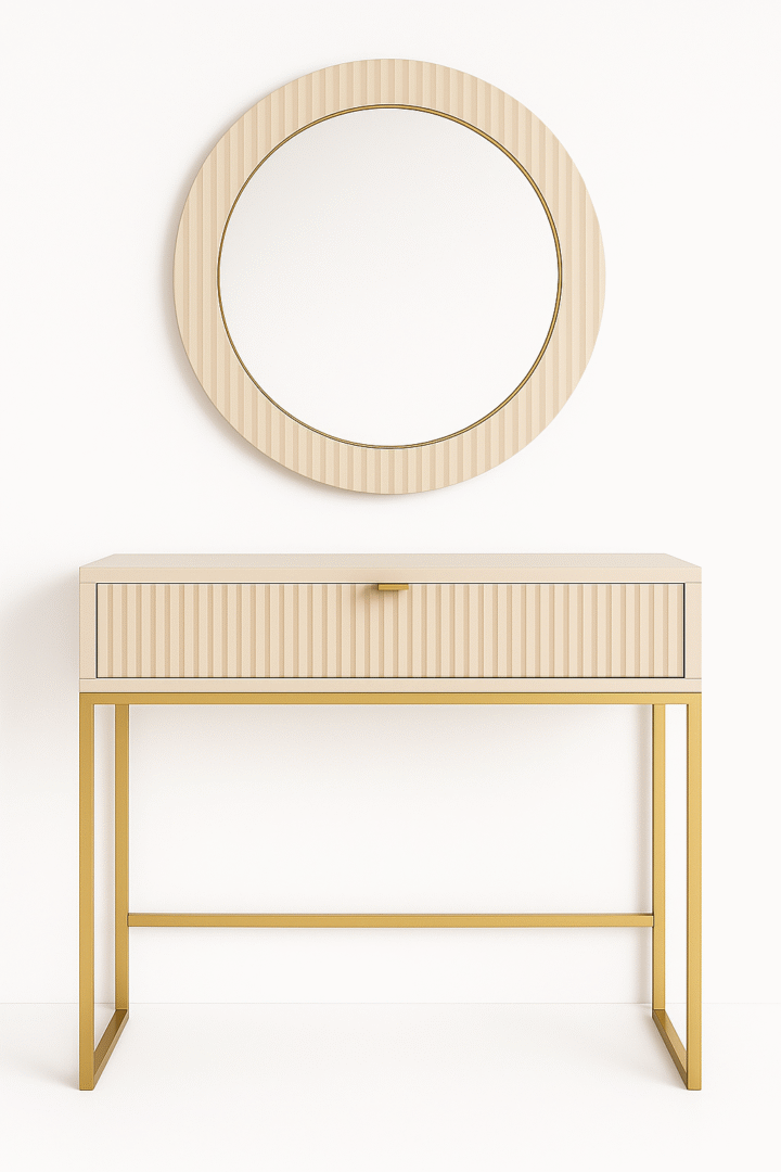 Zestaw Toaletka ryflowana 92cm kaszmir złote nogi + lustro kaszmir