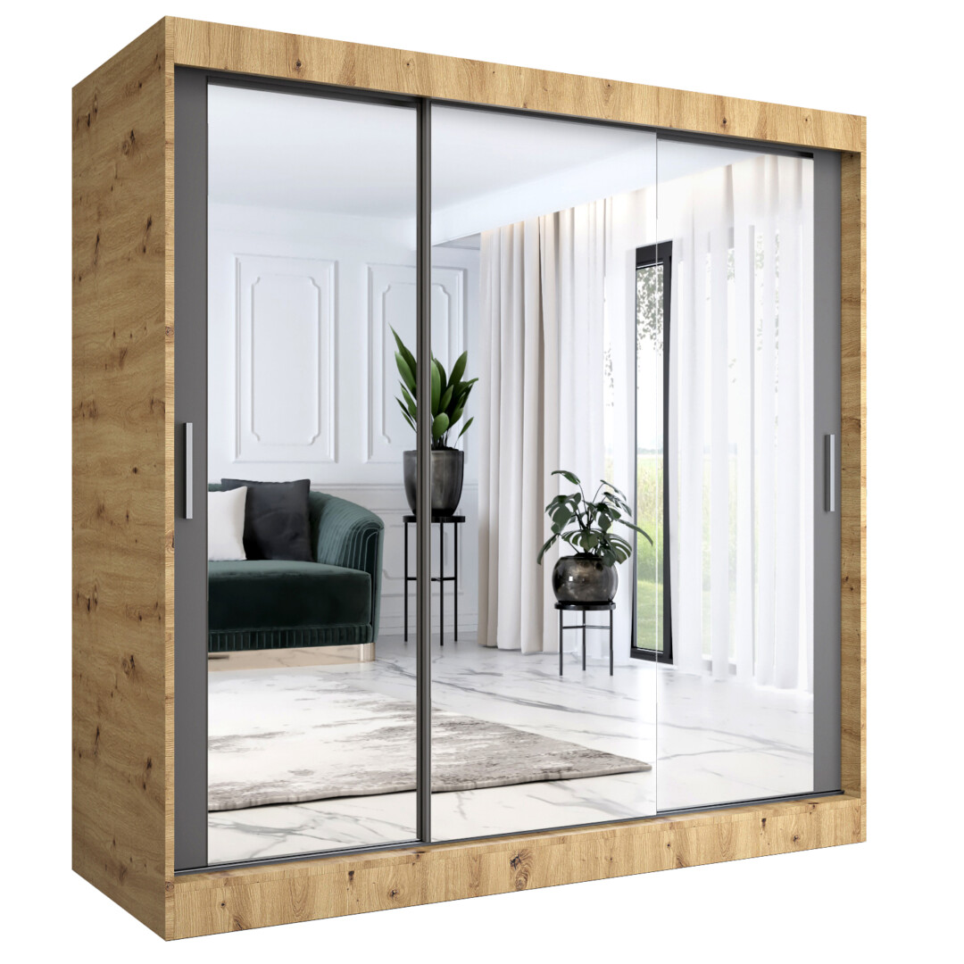 Szafa 200 cm (dąb artisan + antracyt + lustra) MKP
