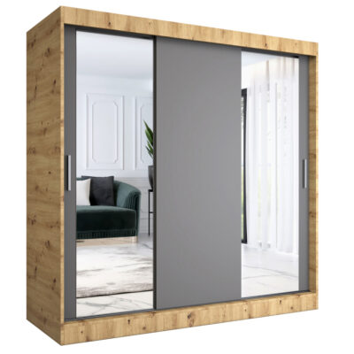 Szafa trzydrzwiowa przesuwna 200 cm dąb artisan + antracyt + lustra MKP