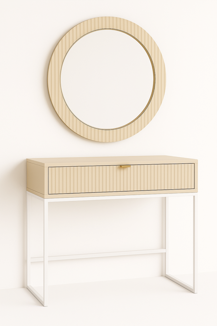 Zestaw Toaletka ryflowana 92cm kaszmir białe nogi + lustro kaszmir