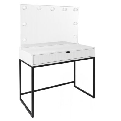 Nowoczesna Toaletka ryflowana 92 cm lustro LED biała czarny stelaż loft