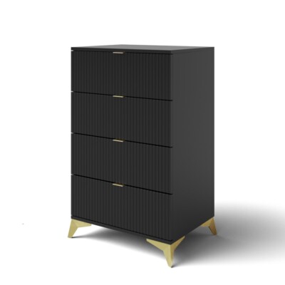 Komoda ALEX 2 ryflowana z nóżkami czarna 60cm złote uchwyty