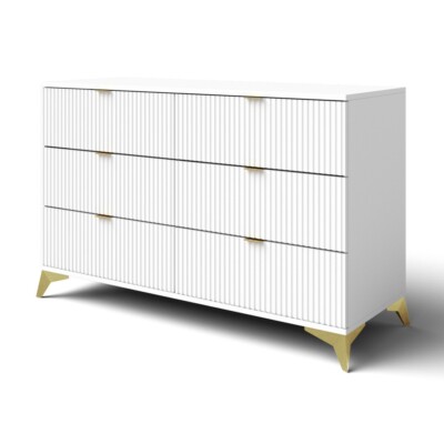 Komoda ALEX 1 ryflowana z nóżkami biała 120cm złoty uchwyt