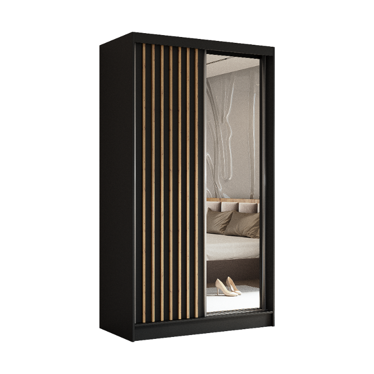 Szafa z lamelami + lustro 120 cm czarna + lamele dąb artisan  z szufladami LAM120