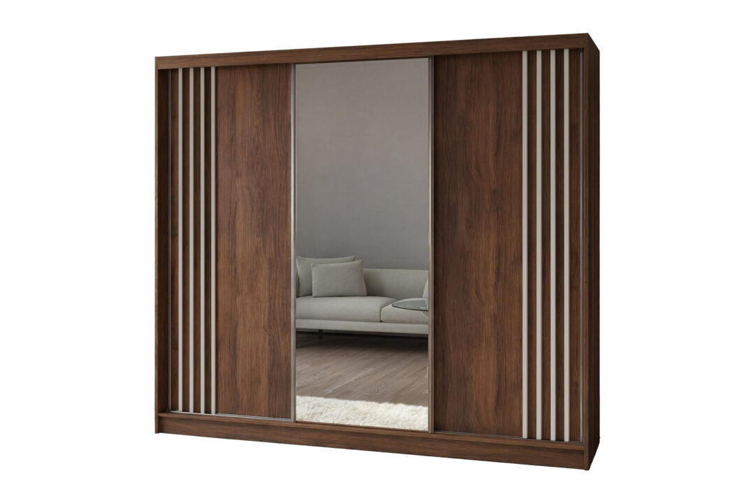 Szafa 240 cm z lustrem orzech warmia + białe lamele NELA240